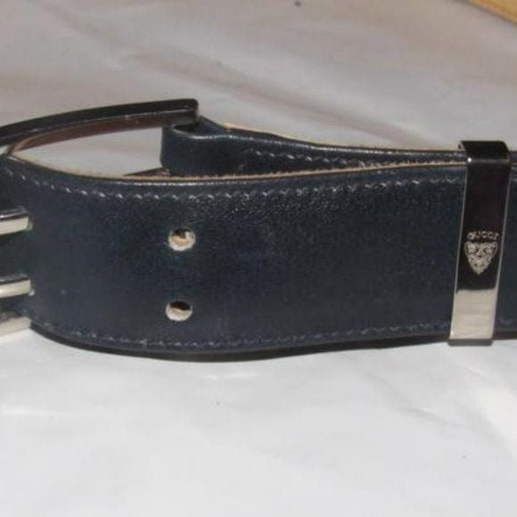 Early Gucci, navy leather belt w embossed Gucci logo print | AlmaBagz - Image 3