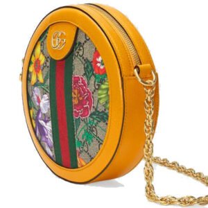 (WMNS) GUCCI Ophidia Flowers Printing Logo Stripe Webbing Canvas Chain Shoulder Messenger Bag Mini / Yellow / Multi-Color 550618-92YAC-9781 | AlmaBagz