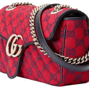 (WMNS) GUCCI GG Marmont Silver Label Logo Pattern Colorblock Leather Canvas Chain Shoulder Messenger Bag Small Red / Navy Blue Valentine's Day Limited 443497-2UZCV-6477 | AlmaBagz