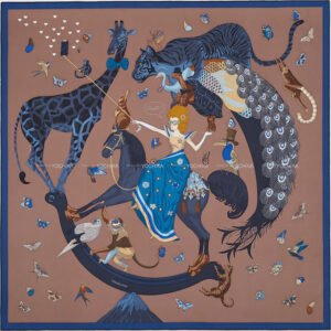 2022SS HERMES scarf Carre 90 Hermes Story Marron Glace/Bleu Nuit/Petrole Silk100% | AlmaBagz