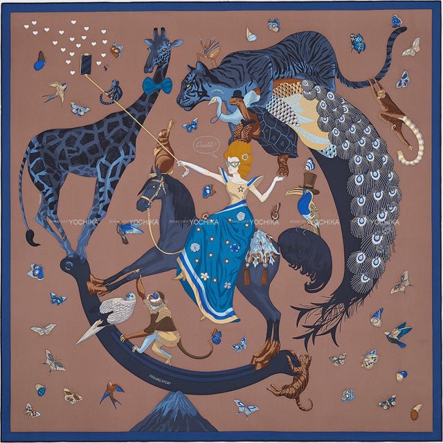 2022SS HERMES scarf Carre 90 Hermes Story Marron Glace/Bleu Nuit/Petrole Silk100% | AlmaBagz