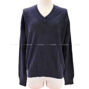 2019AW HERMES Knit Ladies With Voyage H pattern knit H logo with porch Navy Wool 36 | AlmaBagz