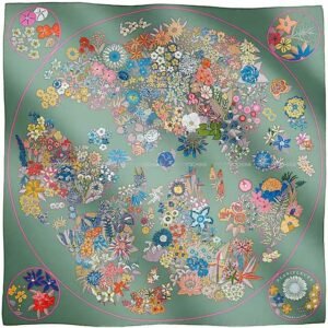 2023 AW HERMES scarf Carre 90 Planifleurs Vert Amande/Pink/Blue Silk100% | AlmaBagz