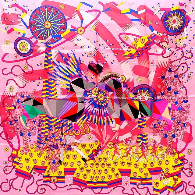 2021SS HERMES scarf Carre 90 Woof Woof wanwan dachshund Source of Pegasus applique embroidery Rose(5T)/Jaune vif/Bleu Royal(O8) Silk100% | AlmaBagz