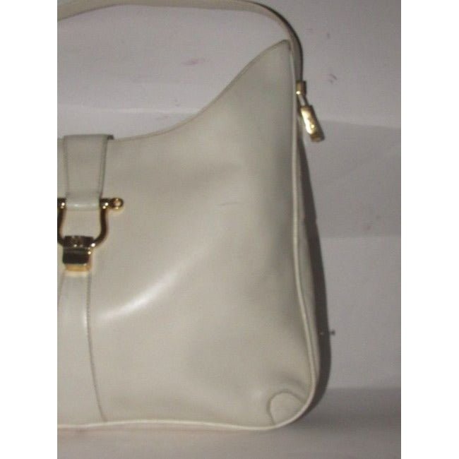 Early, Gucci, Jackie supple off-white colored leather XL hobo style shoulder bag with a gold horse-bit closure and accents, and two settings for the strap's length | AlmaBagz - Image 2