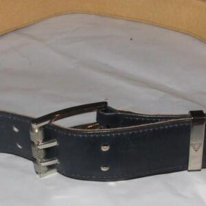 Early Gucci, navy leather belt w embossed Gucci logo print | AlmaBagz