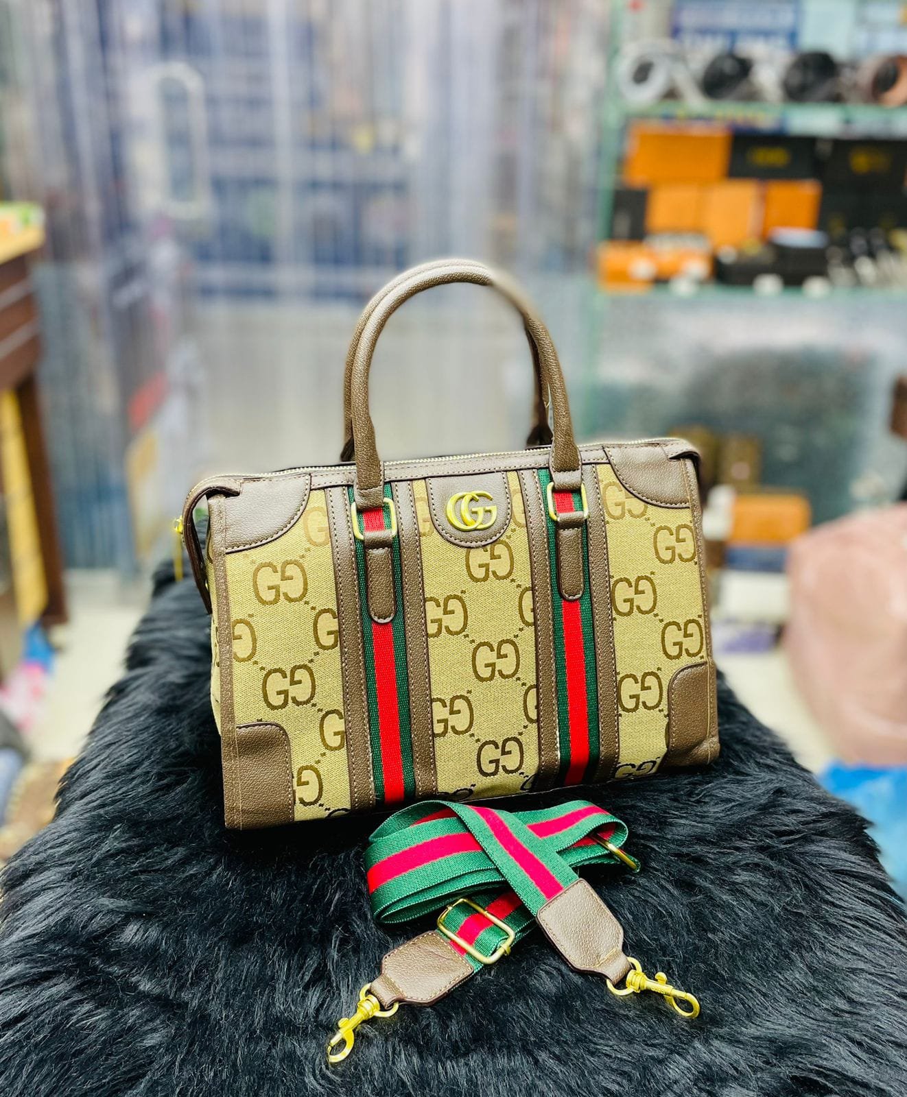 Gucci Premium Quality Women's Duffle Bag with Branded Belt - Luxury & Style Combined (Brown) | AlmaBagz