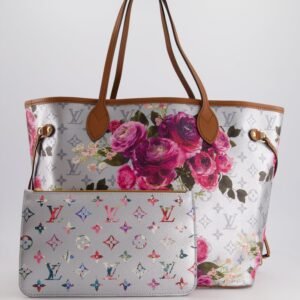 *LIMITED EDITION* Louis Vuitton Garden Capsule 2022 Neverfull MM Bag in Silver and Pink Floral Monogram Canvas with Brown Leather and Gold Hardware | AlmaBagz