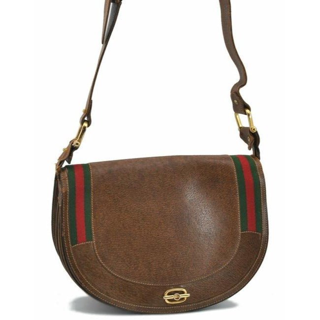 Early Gucci, brown leather saddle bag style, XL two-way shoulder bag or clutch with red and green striped edges | AlmaBagz - Image 9
