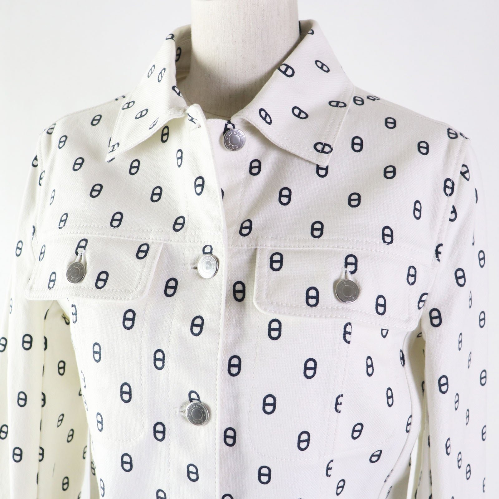 HERMES Denim Jacket 3E0231D5 Outer material: 98% cotton, Outer material: 2% polyurethane, Lining: 100% cotton, Leather part: Cowhide White navy Women 38 Used | AlmaBagz