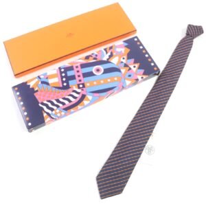 HERMES tie 339329 silk Blue orange DOUBLURE H QUADRIGE | AlmaBagz