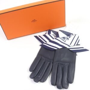 HERMES gloves Main: Lamb leather, Lining and scarf: 100% silk Navy Women 7.5 Used | AlmaBagz