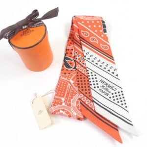 HERMES scarf H062978S silk Vermilion/Gris Perle/White Twilly | AlmaBagz