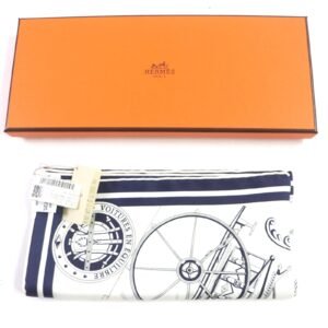 HERMES scarf Main: 100% silk BLANC MARINE GRIS Gavroche Voiture en equilibrium Carre45 Women Used | AlmaBagz