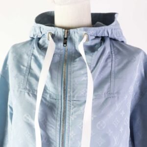 LOUIS VUITTON Blouson 1AFE42 Outer: 53% polyester, Outer: 47% silk, Lining: 100% cotton, Part: 100% polyester, Synthetic leather: 100% polyester Light blue Monogram print parka Women 38 Used | AlmaBagz