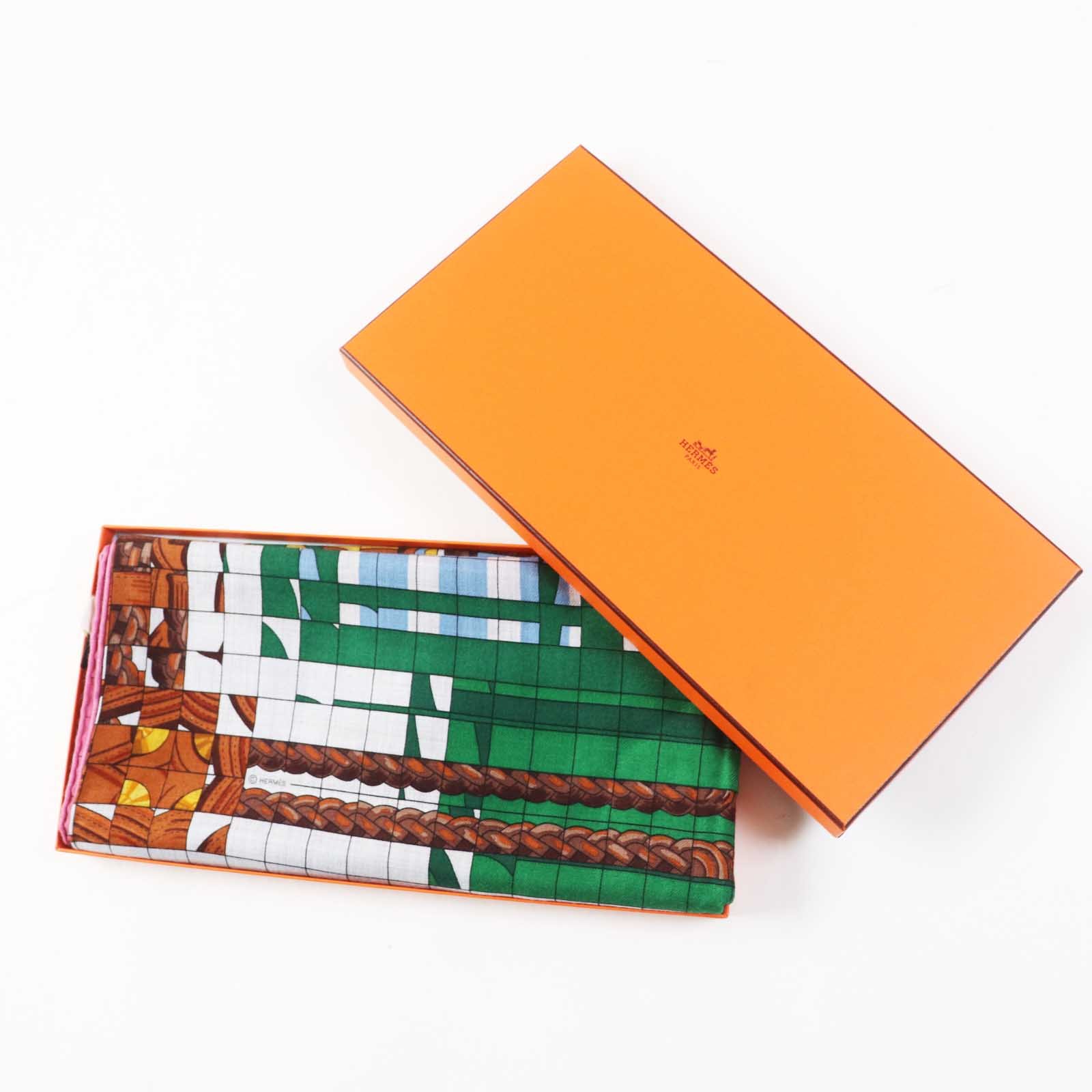 HERMES scarf silk Rose Bonbon/Emerald Carre140 Caregean coaching deja vu | AlmaBagz