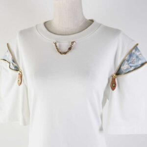 LOUIS VUITTON one piece 1ABRXK Main: 100% cotton, Parts: 70% silk, 30% cotton, Synthetic leather: 60% polyurethane, 20% cotton, 20% polyester, Zipper pull: Cowhide, zinc alloy, brass White light blue Zipper sleeve T-shirt dress Women XS Used | AlmaBagz