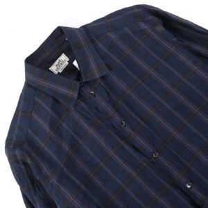 HERMES Long sleeve shirt silk Navy type Check Pattern | AlmaBagz