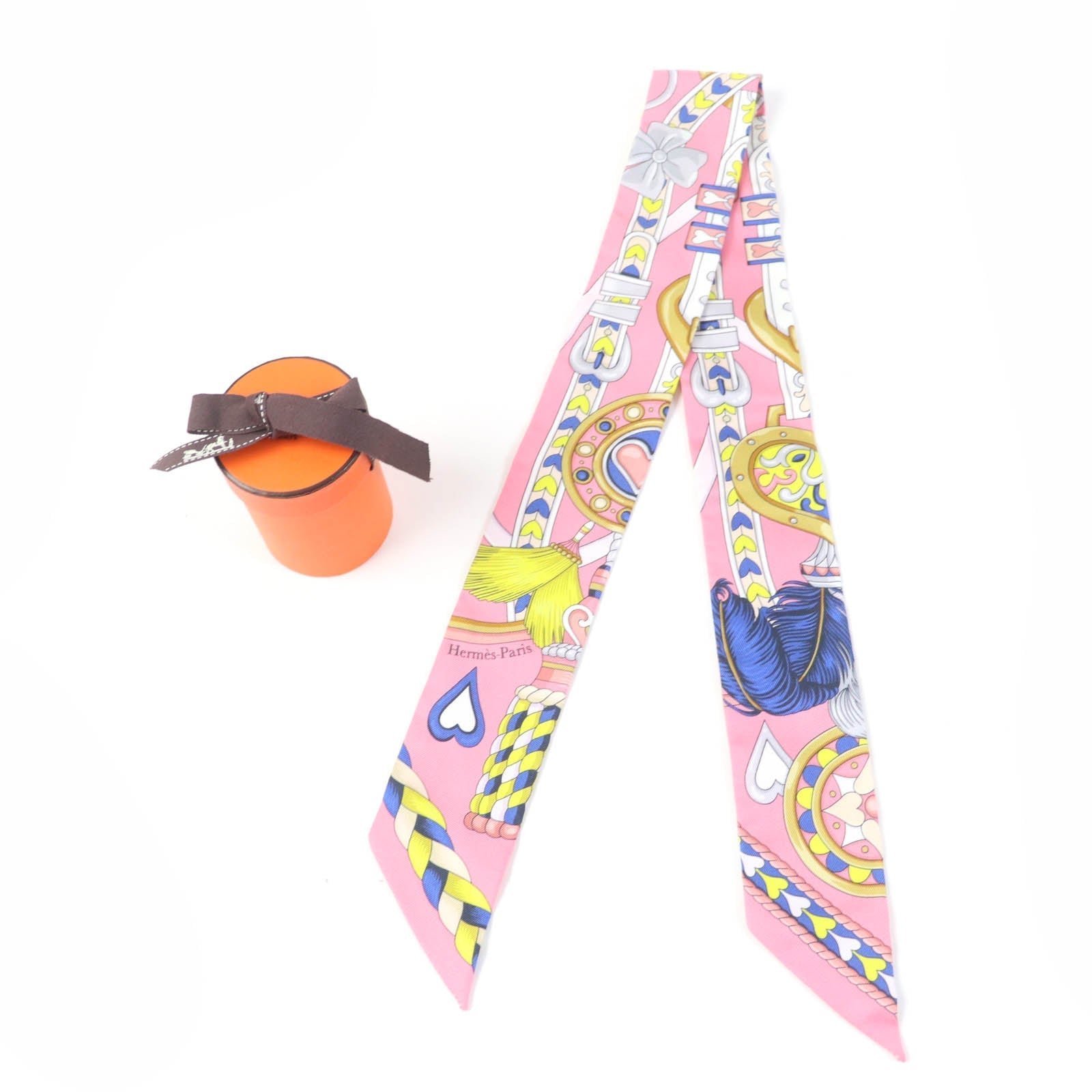 HERMES scarf silk Rose Bonbon/Blue Vif/White Twilly Arne de Coeur | AlmaBagz