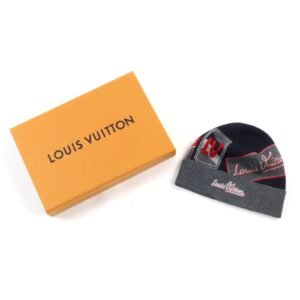 LOUIS VUITTON Knit cap M70728 wool Navy Gray Red All-over pattern | AlmaBagz