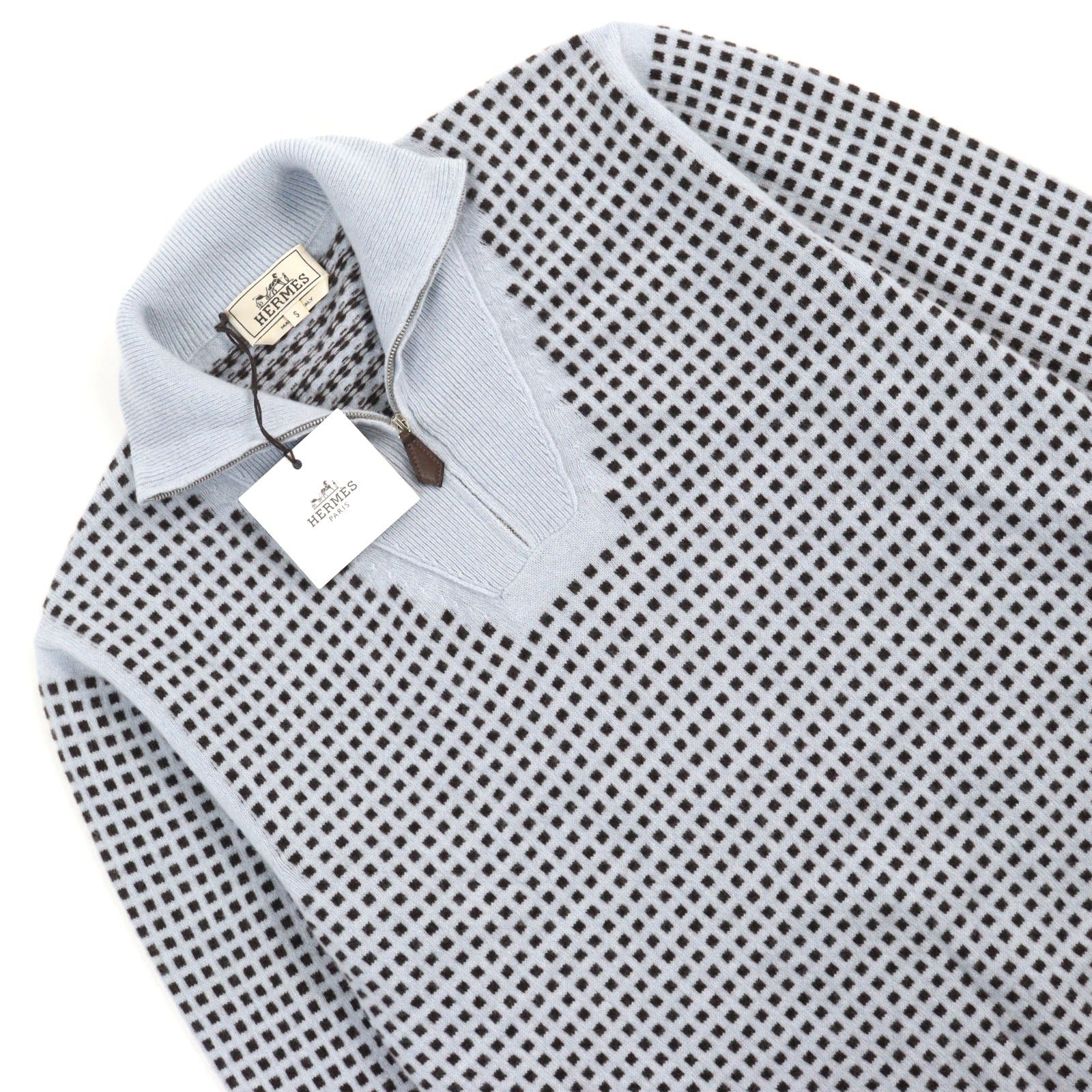 HERMES knit cashmere Light Blue Brown All-over Pattern S | AlmaBagz
