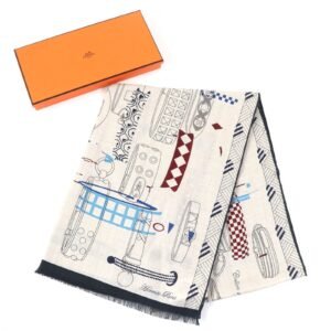 HERMES Stall 694134T cashmere NATUREL/ARDOISE/BORDE Rectangle Colliers de Chiens Imprimeur Fou | AlmaBagz