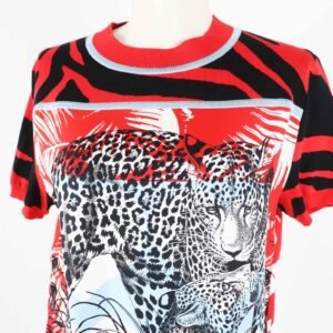 HERMES Short sleeve knit 3E2868D3 Main: 100% silk, Main: 86% rayon, Main: 10% silk, Main: 3% nylon, Main: 1% polyurethane Red x multi JUNGLE LOVE Women 36 Used | AlmaBagz