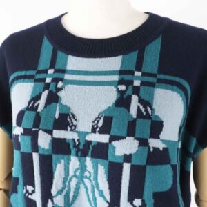 HERMES knit 3H2608DD Main: 100% cashmere Dark Navy Green BRIDES de GALA Tartan ceremonial bridle Women 38 Used | AlmaBagz