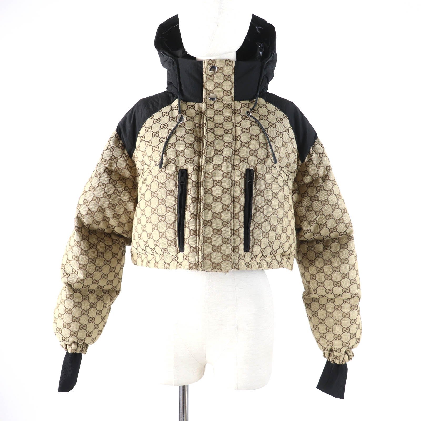 GUCCI Down jacket 761698 Main: 70% cotton, Main: 30% polyester, Main: 100% nylon, Part: 98% nylon, Part: 2% polyurethane beige GG canvas bomber jacket Women 36 Used | AlmaBagz