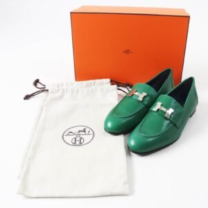 HERMES loafers Main: Leather green moccasins paris Women 37 Used | AlmaBagz