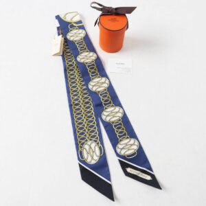 HERMES scarf Main: 100% silk Marine/Black/Gold Twilly Lift Profile Lift Profile Women Used | AlmaBagz