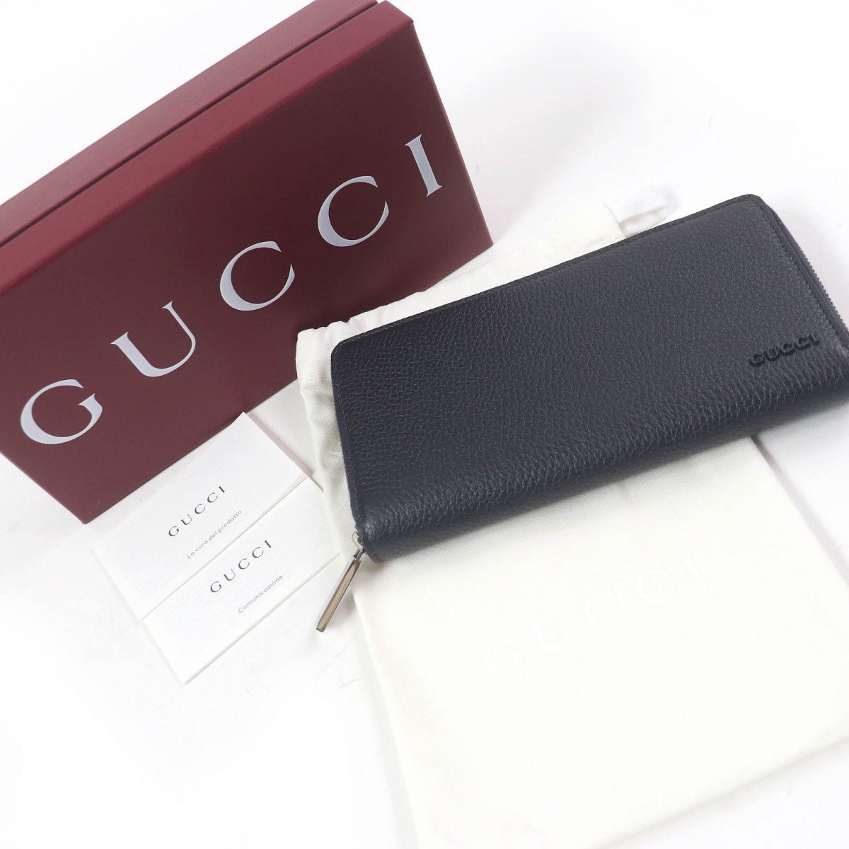 GUCCI Long Wallet Purse 817044 leather dark blue Zip Around Wallet Oatmeal Interior | AlmaBagz