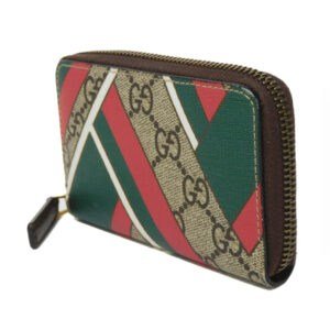 GUCCI Coin case 429232 GG Supreme canvas (polyurethane processing) x Calfskin leather beige Chevron Web Stripe Green GG Supreme compact zip around wallet unisex(Unisex) Used | AlmaBagz