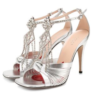 Gucci Napa Silk Crystal Crawford Strap Sandal in Silver | AlmaBagz