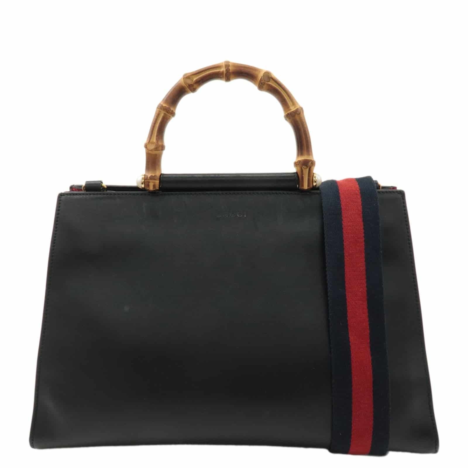 GUCCI Bamboo Leather Suede 2WAY Handbag Black Red 453764 | AlmaBagz