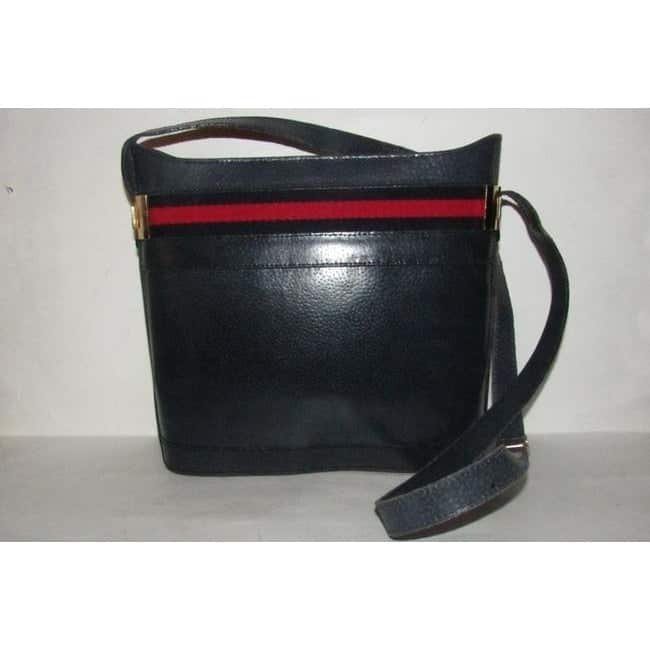 Gucci Blue Hard Boxy Leather Bucket Bag w red/blue stripe | AlmaBagz