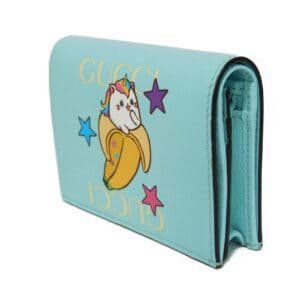 GUCCI Bifold Wallet 701009 Textured leather Pastel blue logo Bananya Compact Wallet Women Used | AlmaBagz