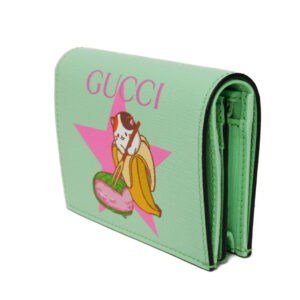 GUCCI Bifold Wallet 701009 U22AG 3067 Textured leather Mint green logo Bananya Compact Wallet Women Used | AlmaBagz
