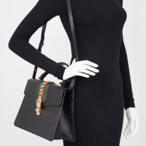 Gucci Sylvie Satchel Black / Gucci Stripe Calfskin Leather Medium | AlmaBagz