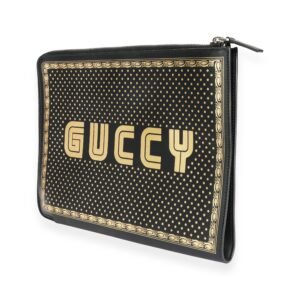 Gucci Black & Gold Magnetismo Print Leather Pouch | AlmaBagz