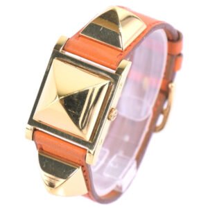 HERMES Watches Quartz Plated Gold , Leather Orange Medor White dial Women Used | AlmaBagz