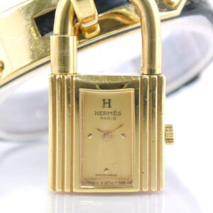 HERMES Watches Quartz Leather, Plated Gold black Kelly watch gold dial Women Used | AlmaBagz