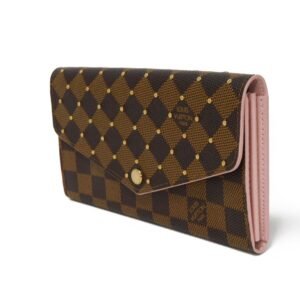 LOUIS VUITTON Long Wallet Purse N60249 Damier canvas x grain leather (embossed) Rose valerine Brown Gold Pink New Bifold Wallet Damier Studs Portefeuille Sarah Women Used | AlmaBagz