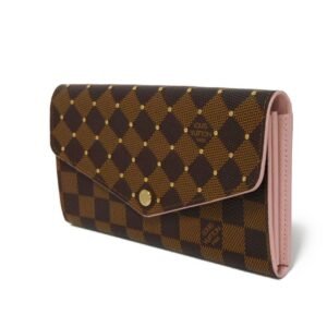 LOUIS VUITTON Long Wallet Purse N60249 Damier canvas x grain leather (embossed) Rose valerine Damier Studs Portefeuille Sarah | AlmaBagz