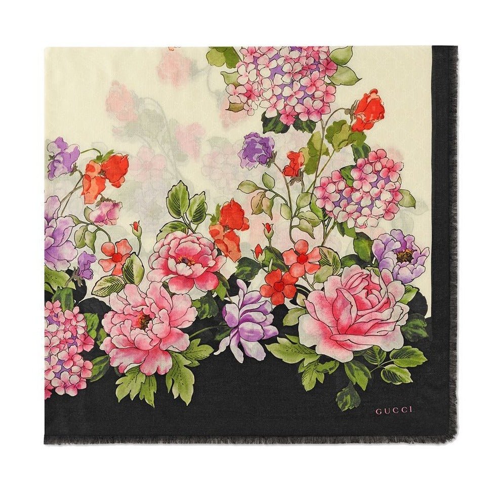 Gucci Rising Flower Silk Scarf in White | AlmaBagz