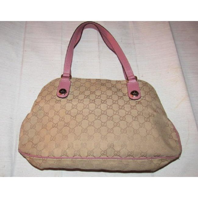 Gucci Vintage Brown Large Logo Print Canvas And Pink Leather | AlmaBagz