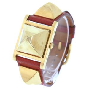 HERMES Watches Quartz Plated Gold , Leather gold Medor White dial Women Used | AlmaBagz