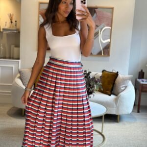 Gucci Metallic Red, Navy, Silver Stripe Pleated Midi Skirt Size IT 42 (UK 10) | AlmaBagz
