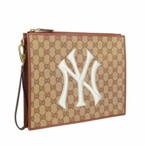 Gucci GG Supreme Canvas NY Yankees Zip Wristlet Pouch, Brown Leather | AlmaBagz