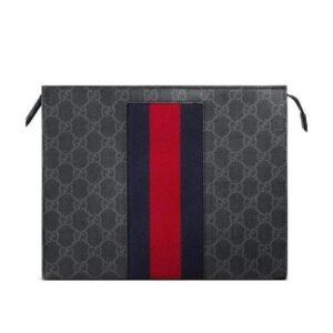 Gucci GG Supreme canvas clutch bag with striped webbing | AlmaBagz